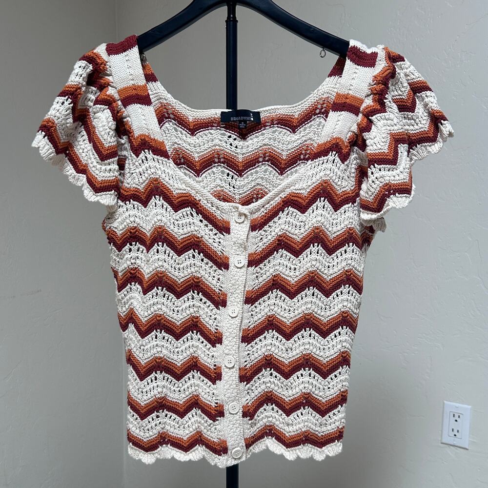 Crochet Knit Sweater Top Flutter Sleeve Open Knit Coastal Boho Retro Brown XL